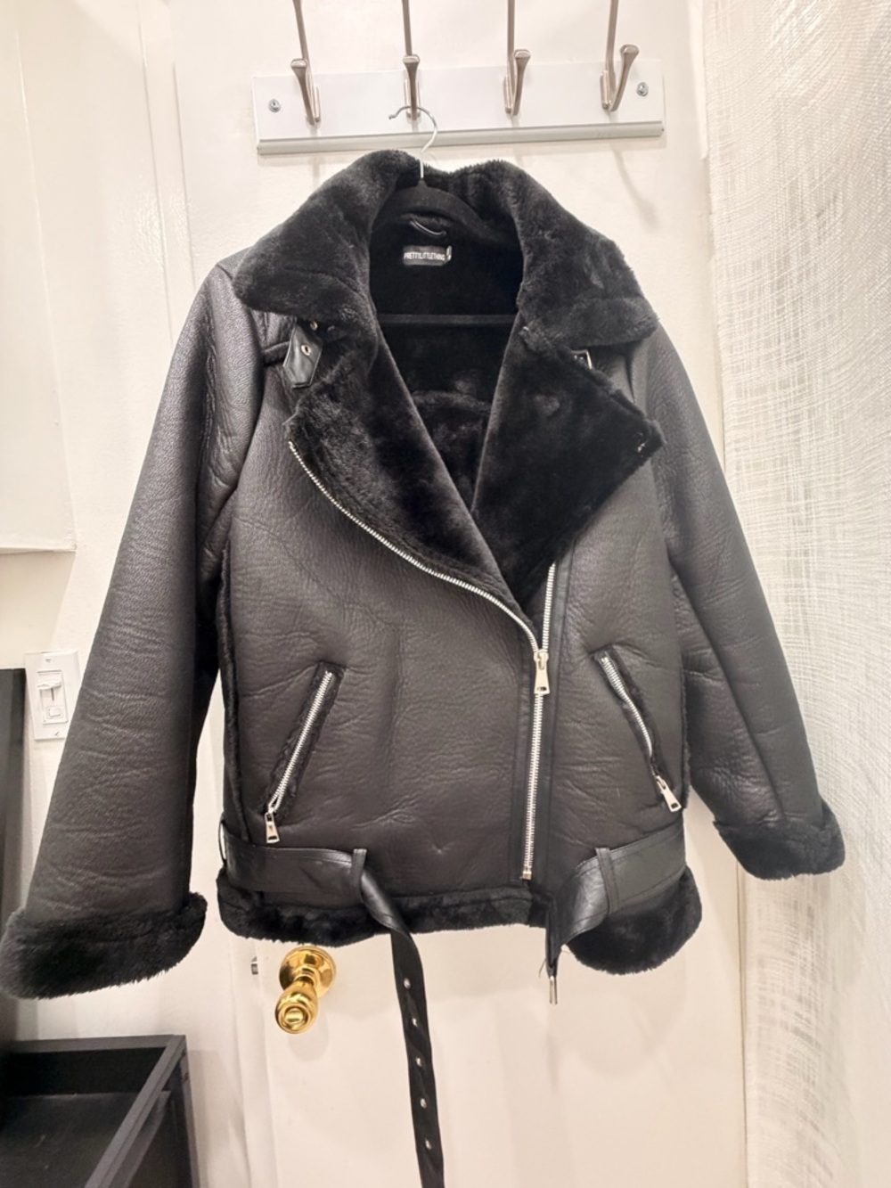 PrettyLittleThing Black Faux-Shearling Moto Jacket